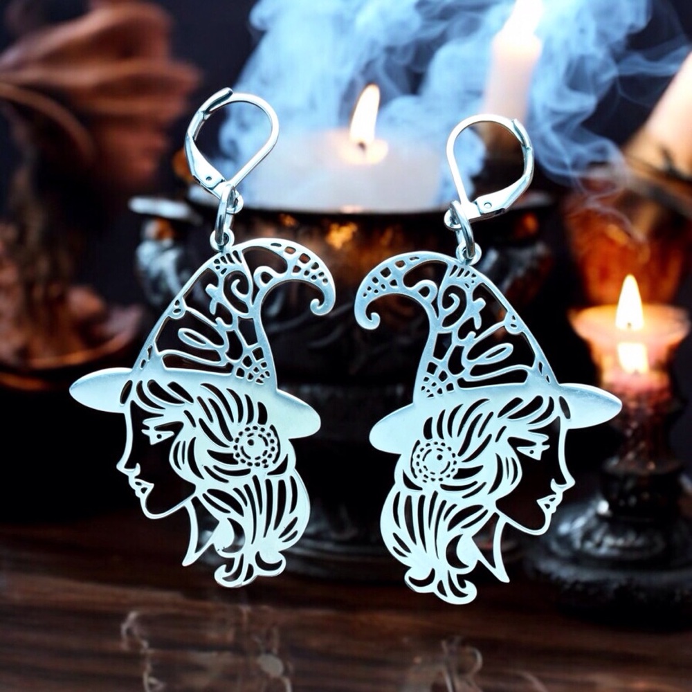 🆕 Witch with Spider Web Hat Earrings Stainless Steel